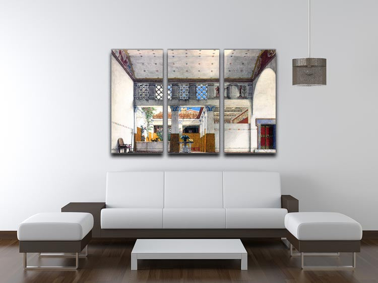 Three-panel canvas art depicting the Establishment of Caius Martius house by Alma Tadema, showcasing intricate details and vibrant colors.